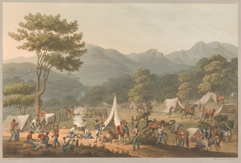 Historical scene of soldiers near a village, oil painting by Charles Turner