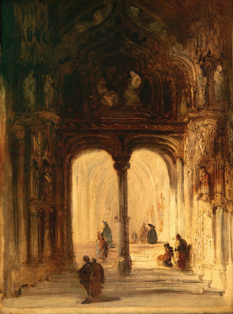 Interior de Iglesia by Genaro Pérez Villaamil, oil on canvas depicting an altar and stained glass.