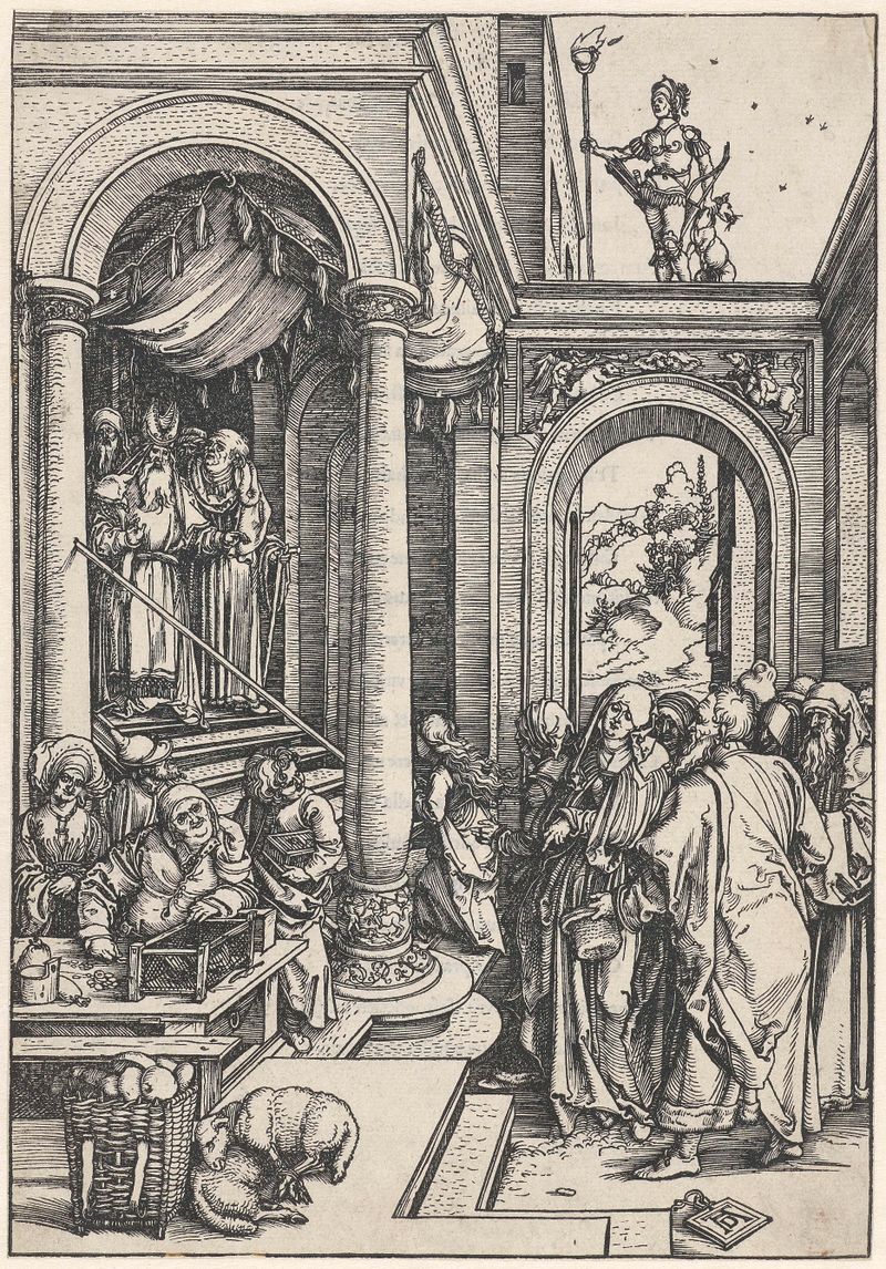 Escena religiosa que representa a la joven María ante el altar, grabado de Albrecht Dürer