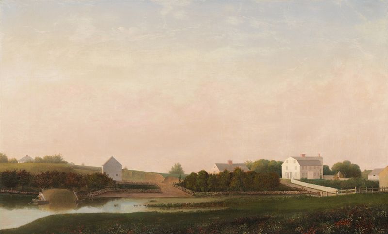 Babson and Ellery Houses, óleo sobre lienzo de Fitz Henry Lane, que representa arquitectura costera.