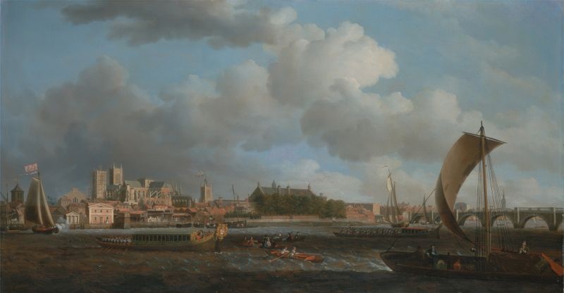 Rococo oil painting by Samuel Scott depicting Westminster and a ceremonial barge.