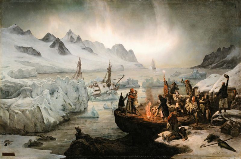 Shipwreck Victims On Icefloe, óleo sobre tela de François–Auguste Biard, retratando figuras aglomeradas sobre o gelo.