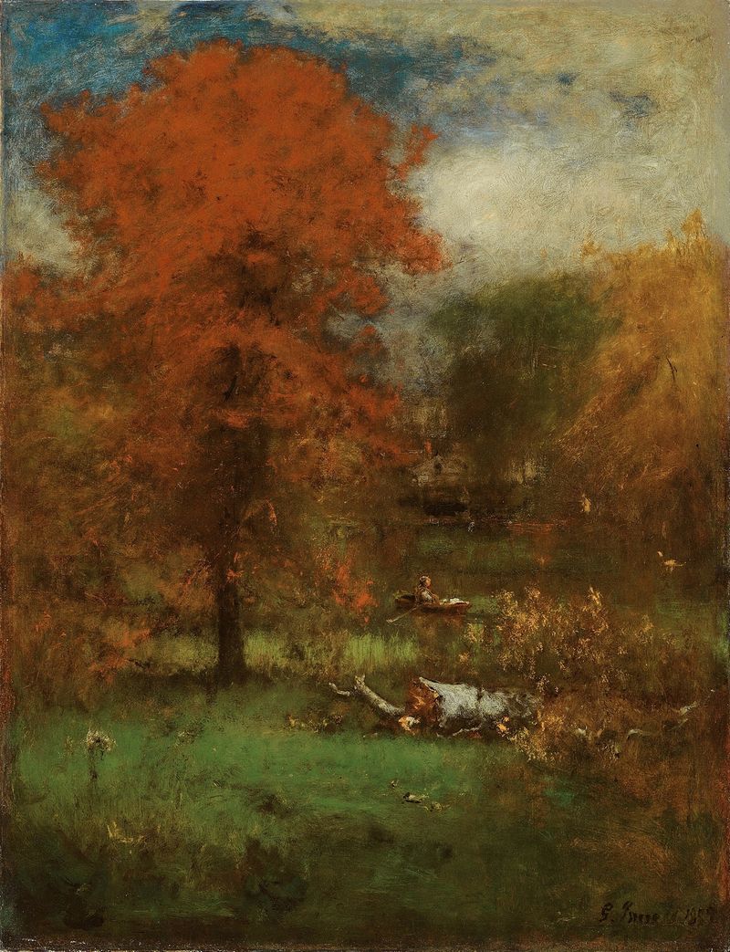 El estanque del molino de George Inness, pintura al óleo que representa un paisaje sereno con reflejos en el agua.