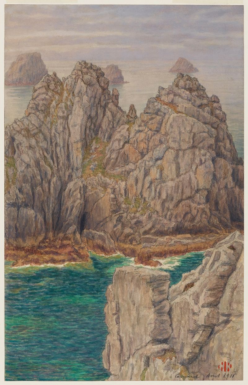 Les tas de pois. Camaret de Henri Rivière, pintura al óleo que muestra un paisaje sereno con verdes terrosos y azules apag...