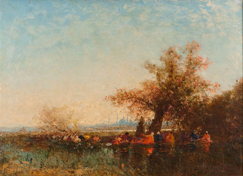 Paisagem com água tranquila e costa, óleo sobre tela de Félix Ziem