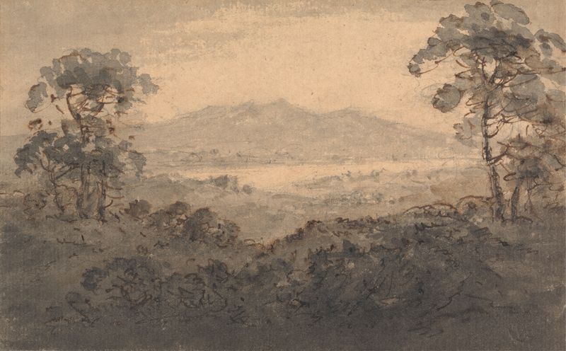 Paisagem com Lago e Montanhas de William Gilpin, pintura a óleo que retrata um lago sereno e montanhas.