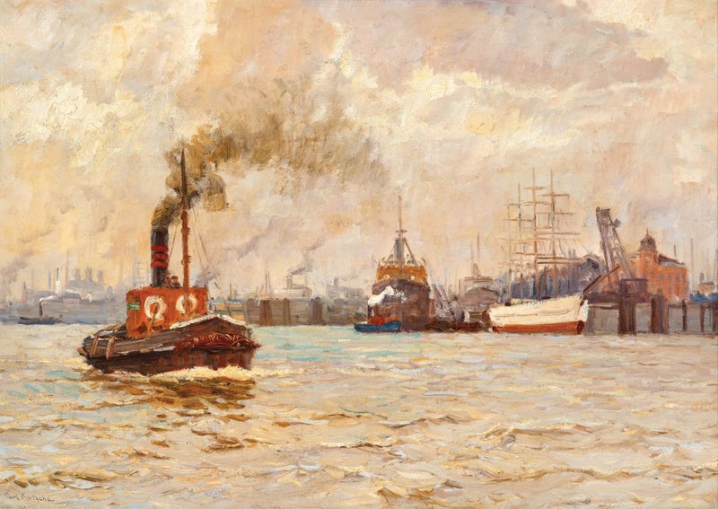 Marine scene of Hamburg Harbour by Paul Kutscha, oil painting