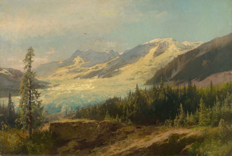 Pines in the Mountains, oil on canvas by Hermann Ottomar Herzog, featuring pines and clouds.