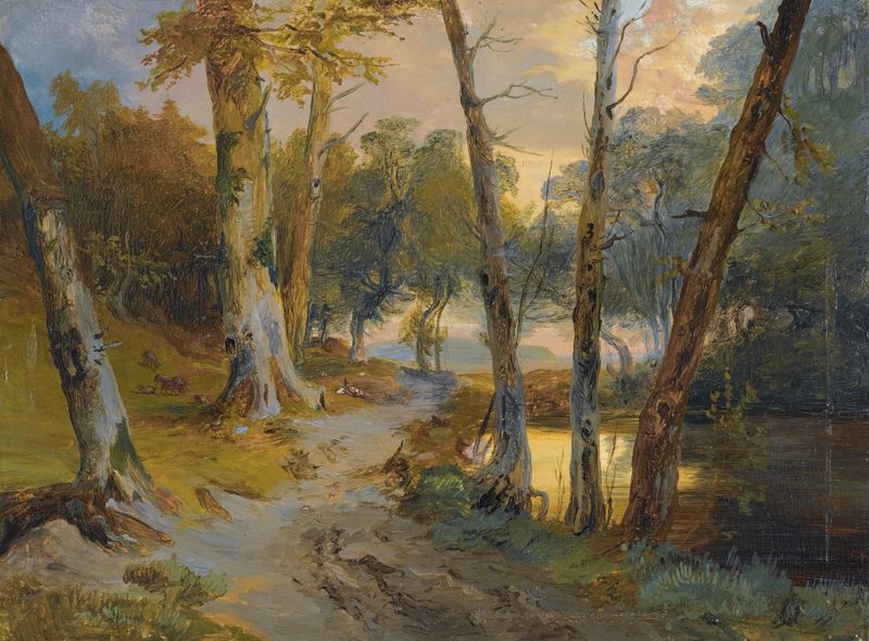 Wald Mit Kleinem Weiher by Carl Blechen, oil on canvas depicting a serene forest pond.