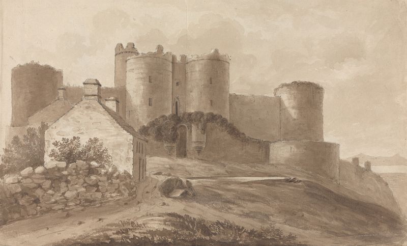 Acuarela de Harlech Castle de Isaac Weld, que representa un paisaje con nubes y colores vibrantes.