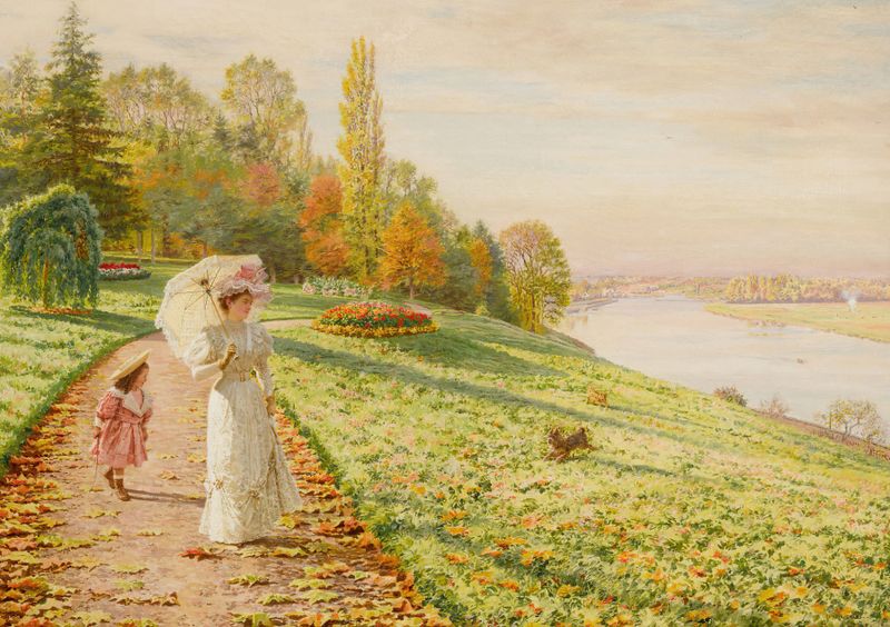 Autumn landscape with a couple under a vibrant canopy, oil on canvas by Marie-François Firmin-Girard.