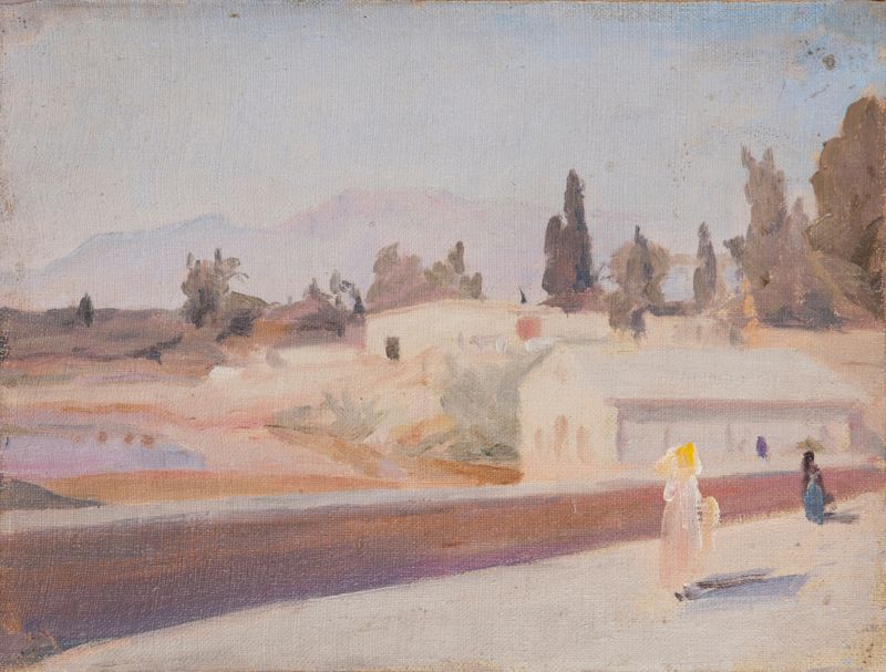 Landscape with a solitary figure in earth tones, by Jan Ciągliński, oil painting