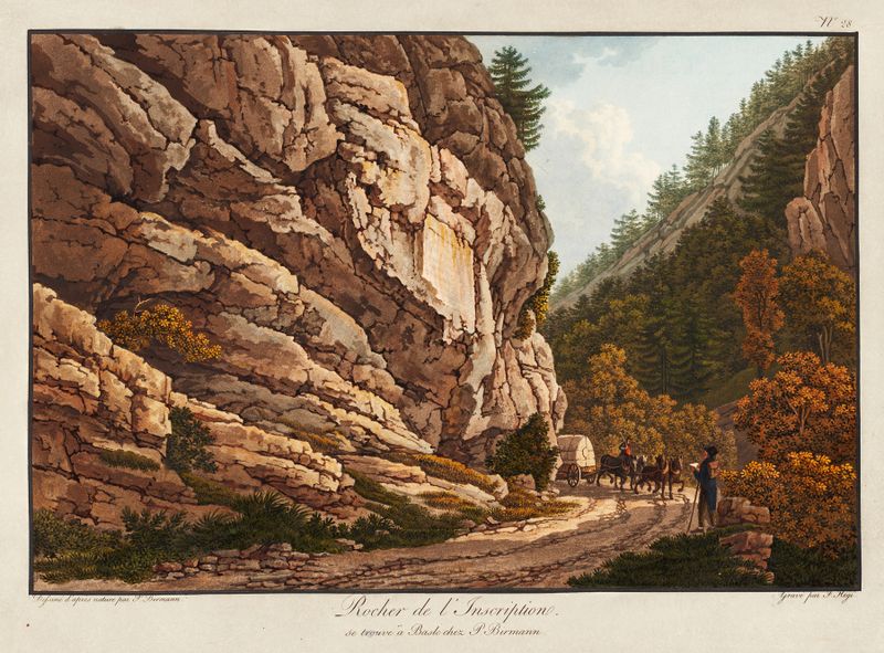 Rocher de l’Inscription, óleo sobre lienzo de Peter Birmann, que representa un paisaje sereno con montañas y bosques.