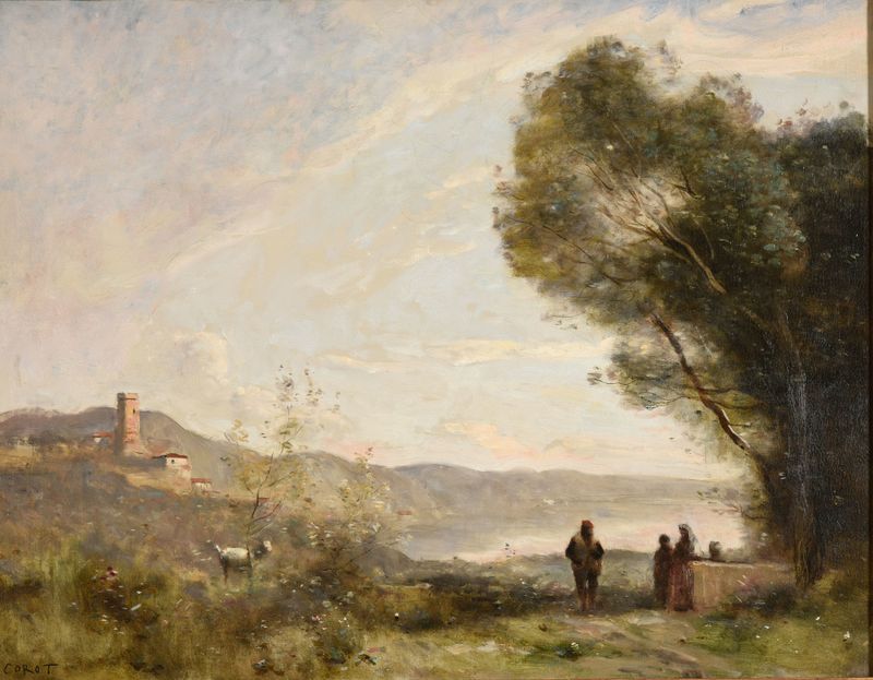 Paisagem do Mediterrâneo por Jean-Baptiste-Camille Corot, pintura a óleo