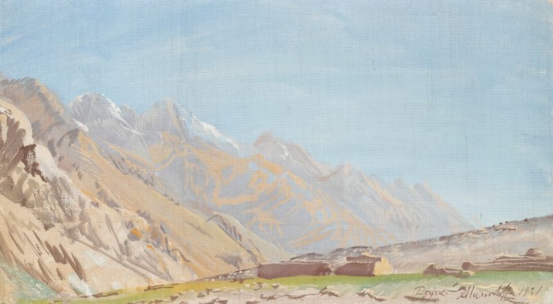 View of Beyik, oil on canvas by Alexandre Jacovleff, depicting vibrant mountains at sunset.