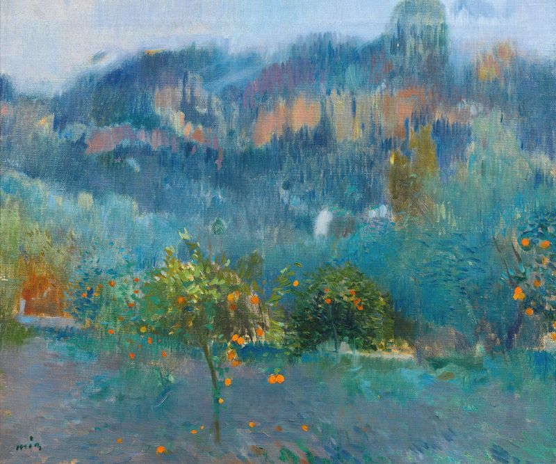 Paisaje Mallorquín Con Naranjos by Joaquin Mir Trinxet, oil on canvas with orange trees and a turbulent sky.