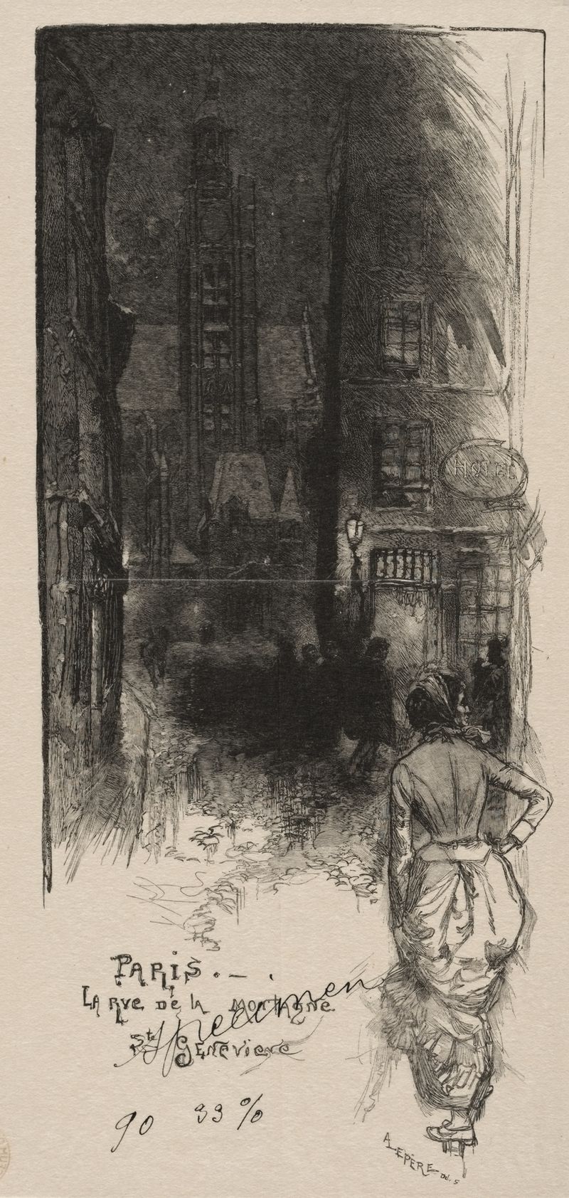 Rue de la Montagne, St. Geneviève de Auguste Louis Lepère, impressionismo, retratando uma rua chuvosa em Paris.