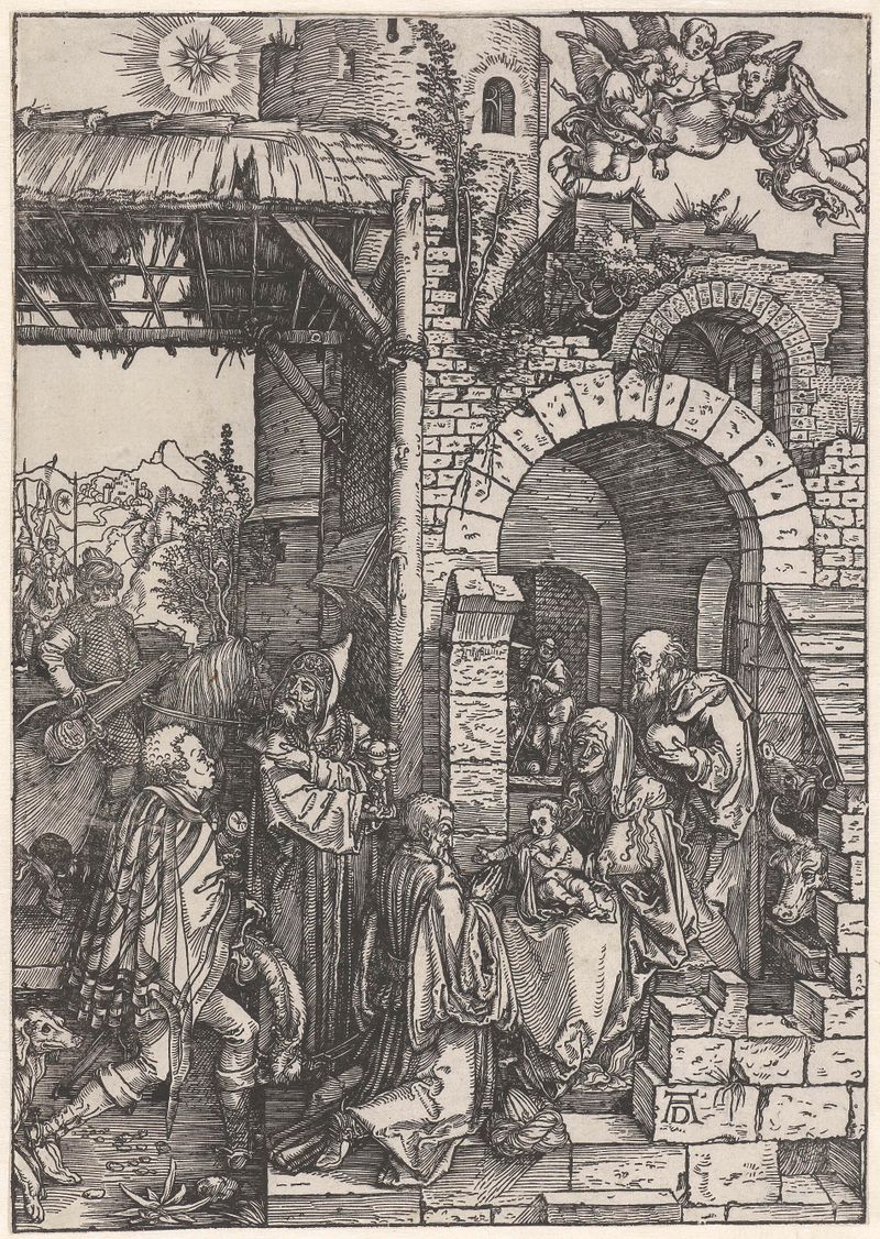 Aanbidding door de koningen de Albrecht Dürer, obra em papel mostrando três reis apresentando presentes
