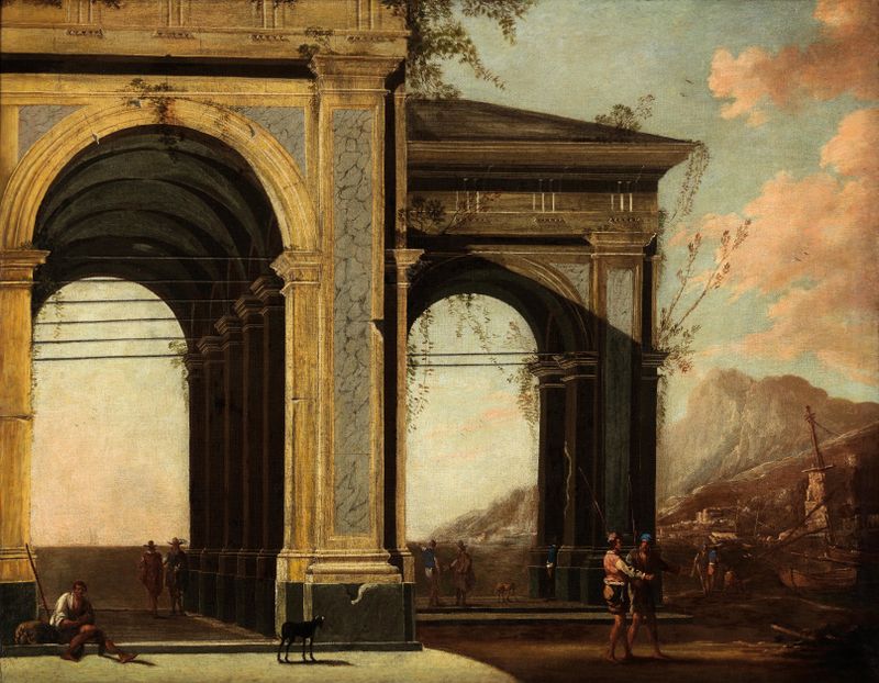 Portico with loggia by the sea, boats and figures, oil on canvas by Ascanio Luciani