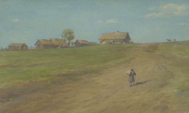 A farmer ascends a hill in an oil painting by Wilhelm Amandus Beer.