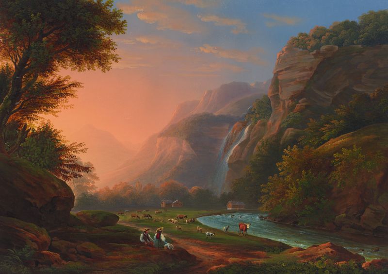Pintura de paisagem a óleo de Johann Heinrich Bleuler the Younger com um rio e um vale