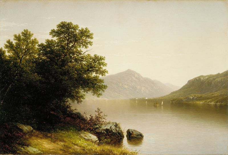 Lake George by John William Casilear, oil on canvas depicting a tranquil lake with distant mountains.