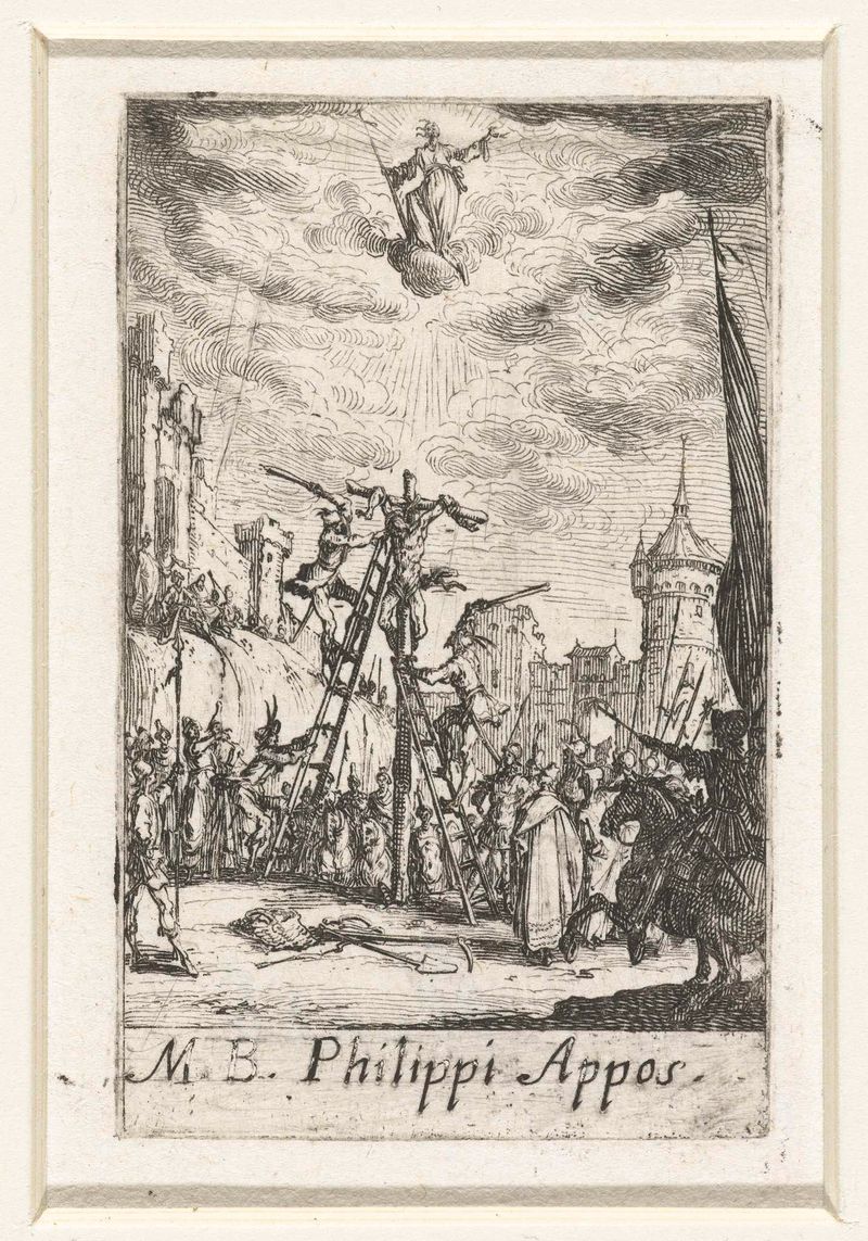 Het martelaarschap van Filippus, gravura de Jacques Callot mostrando o mártir Filipe entre nuvens escuras