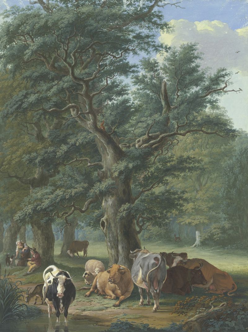 Oil painting by Johann Georg Pforr depicting cattle resting under an oak tree with a woman and deer.
