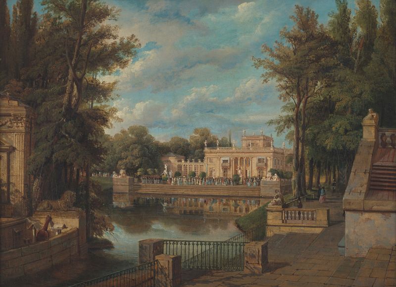 Łazienki de Jan Seydlitz, óleo sobre lienzo que muestra un estanque tranquilo con sauces.