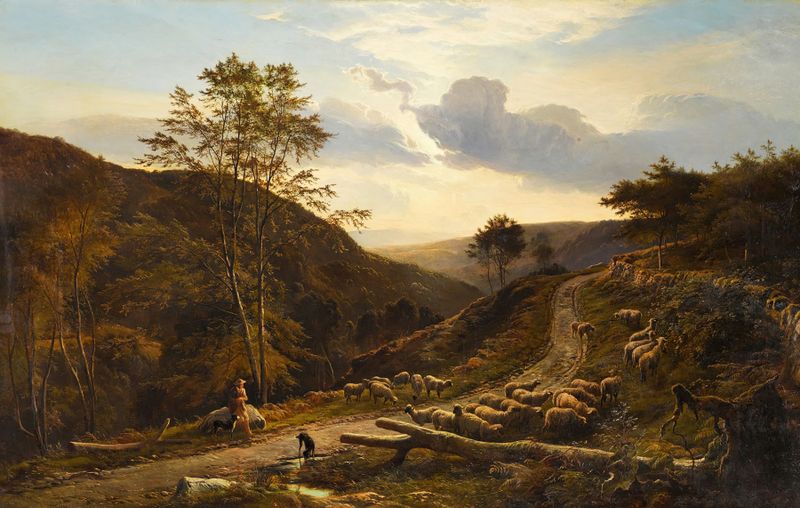 Cena de gênero pintura a óleo de Sidney Richard Percy mostrando uma pastora descansando ao sol.