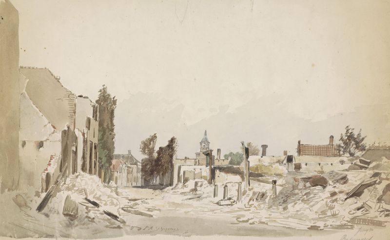 Landscape with charred ruins after fire, oil on canvas by Piet Schipperus
