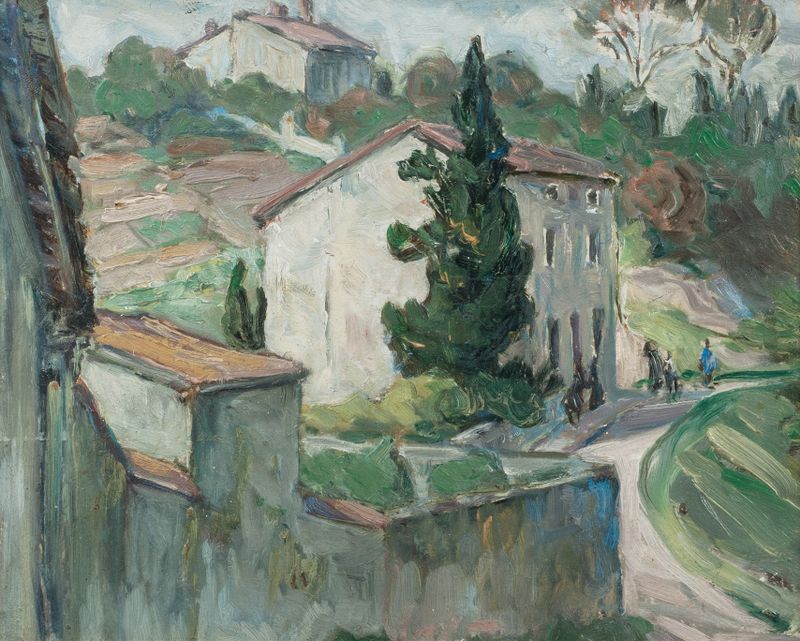 Paisaje con techos en colores vibrantes, pintura al óleo de Anna Boberg