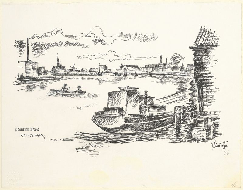 Gezicht op de Noorderbrug te Koog aan de Zaan de Maarten Oortwijn, óleo sobre tela representando uma ponte sobre água cint...