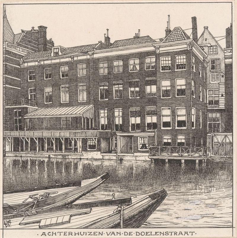 Achterhuizen van de Doelenstraat te Amsterdam de Willem Wenckebach, realismo, que representa la arquitectura de Ámsterdam.