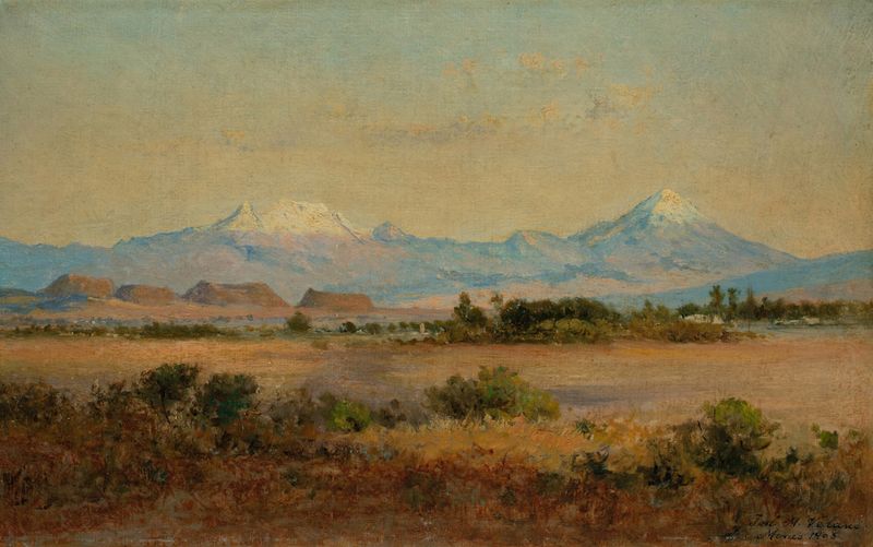 Landscape of volcanoes and valley, oil on canvas by José María Velasco