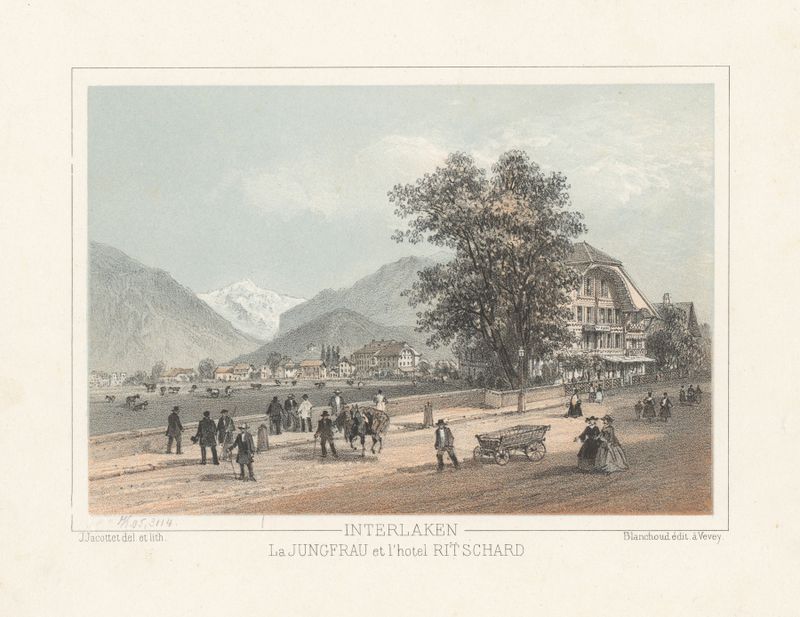 Paisagem alpina com montanhas e vale, pintura a óleo de Jean Jacottet
