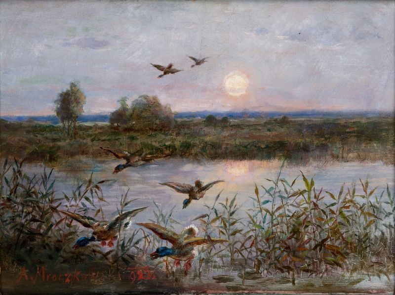 Ducks take flight over a marsh in an impressionist painting by Aleksander Mroczkowski