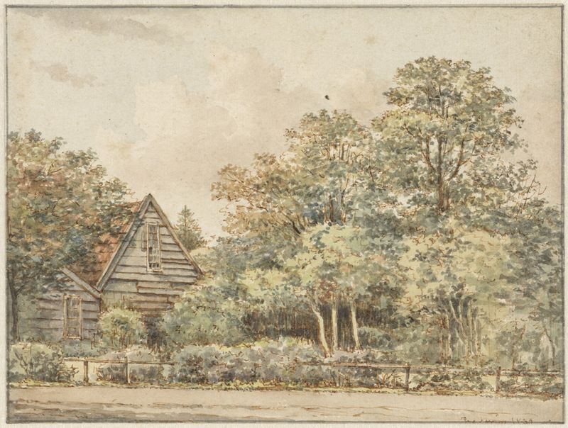 Paisagem mostrando uma casa tranquila cercada por árvores, pintura a óleo de Pieter Ernst Hendrik Praetorius.