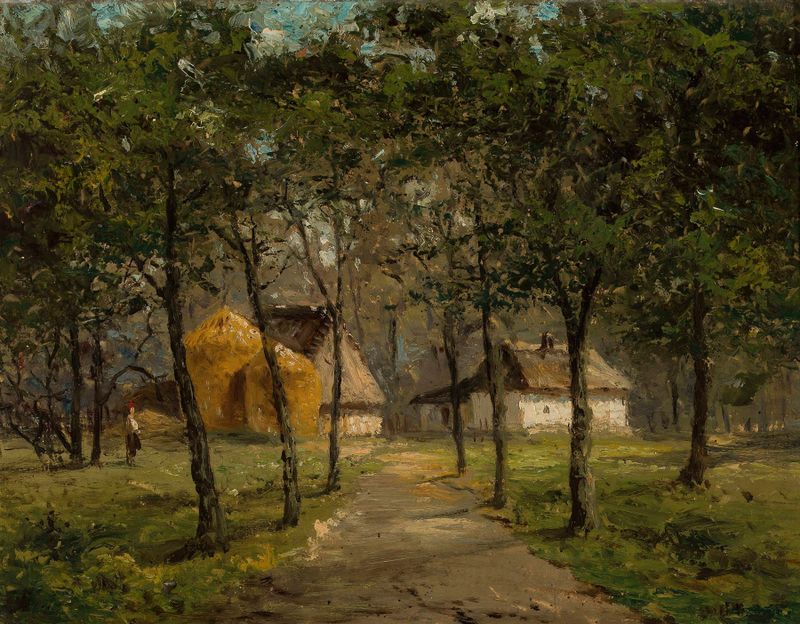 Landscape with houses among trees, oil on canvas by Józef Marszewski