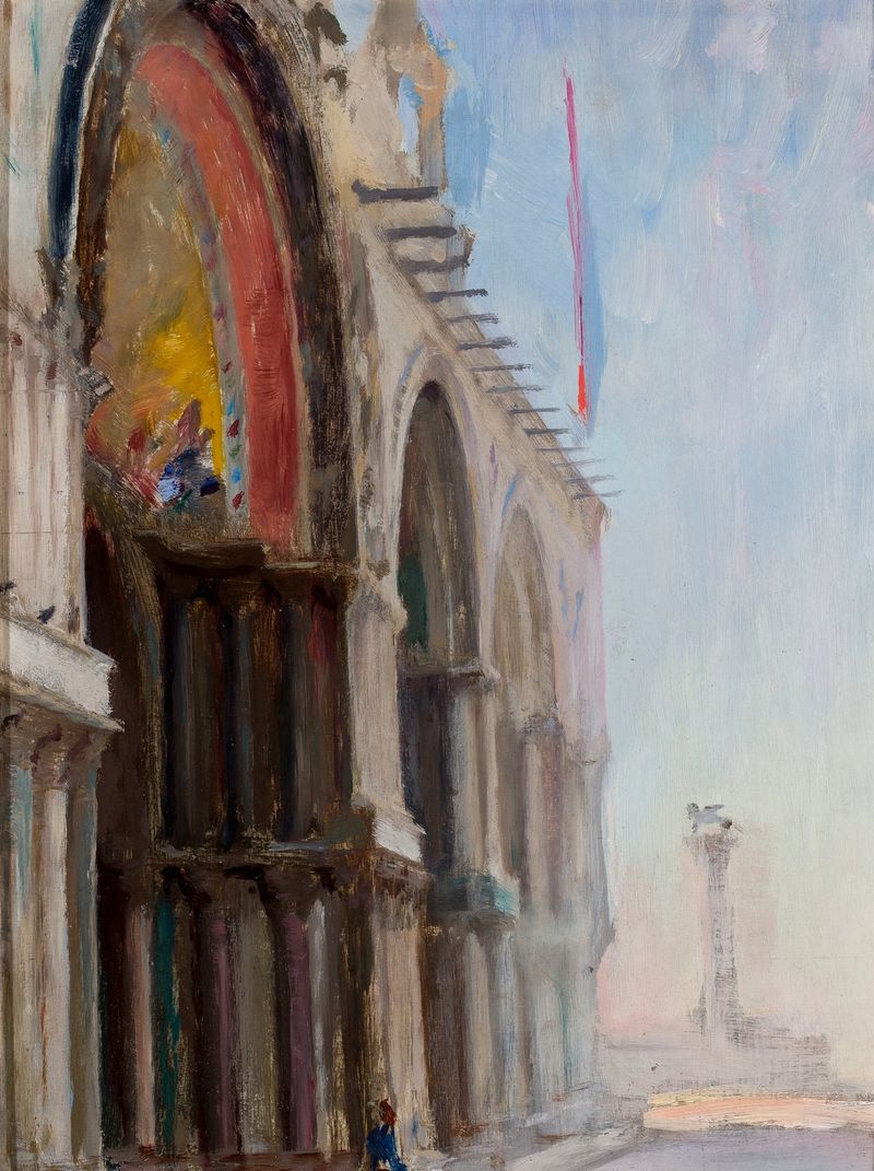 Venice – San Marco oil painting by Jan Ciągliński depicting a cityscape with basilica and golden light.