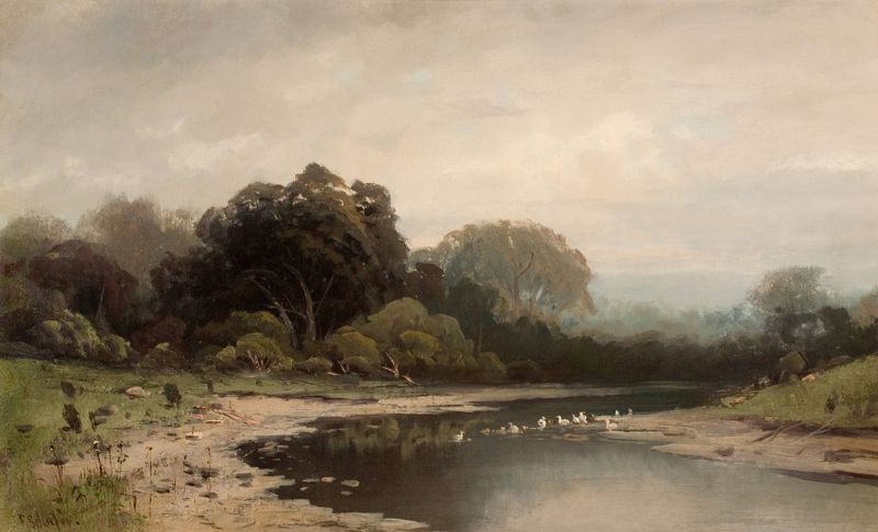 On Merced River Cala by Frederick Ferdinand Schafer, oil painting depicting a river landscape.