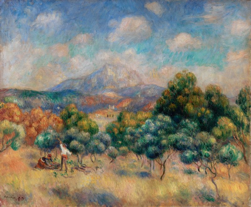 Montagne Sainte-Victoire pintura a óleo de Pierre-Auguste Renoir representando uma paisagem montanhosa.