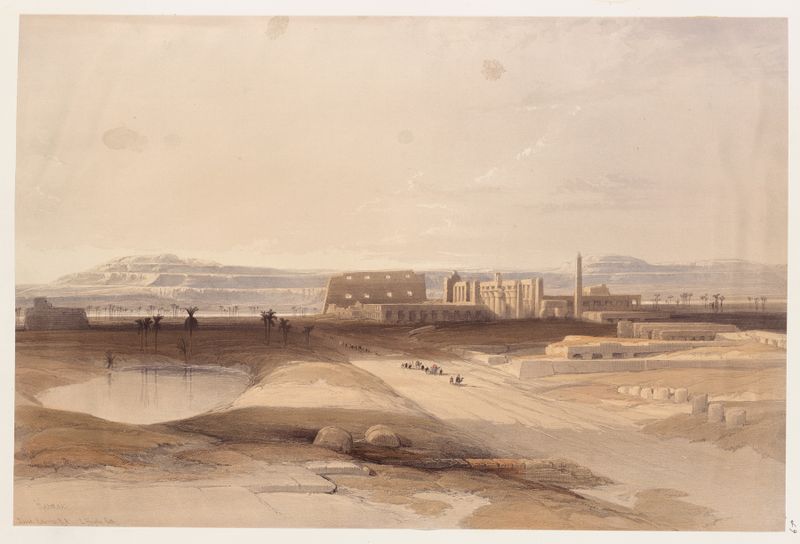 Karnak de David Roberts, óleo sobre lienzo, con columnas imponentes y jeroglíficos.