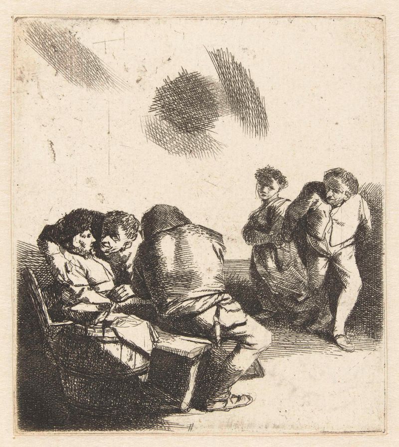 Etching by Cornelis Pietersz. Bega depicting a dancing couple and seated figures