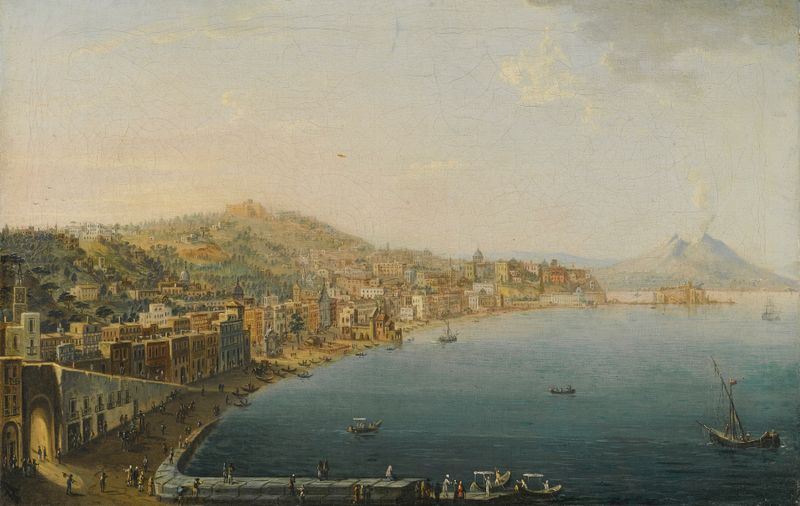 Landscape oil painting by Pietro Antoniani depicting Riviera Di Chiaia with Vesuvius smoking