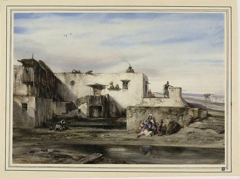 Pintura a óleo Greek Village de Alexandre-Gabriel Decamps, com casas iluminadas pelo sol e cores vibrantes