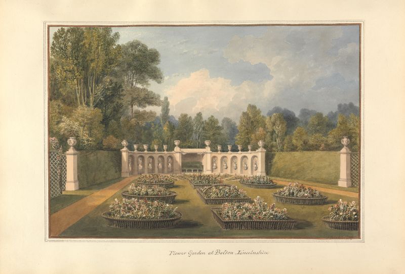 Flower Garden at Belton, Lincolnshire de John Buckler, aquarela sobre papel mostrando um jardim exuberante com figuras.