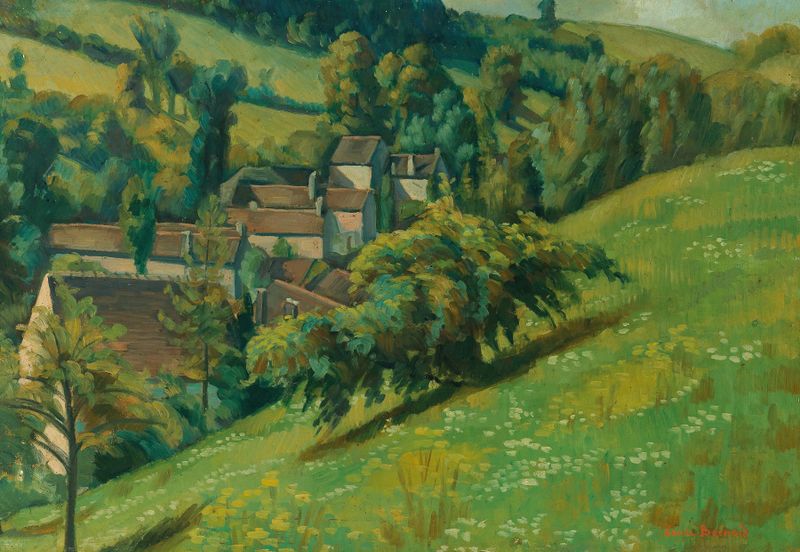 Pintura de paisagem a óleo de Emile Bernard com campos texturizados e um horizonte de sonho.