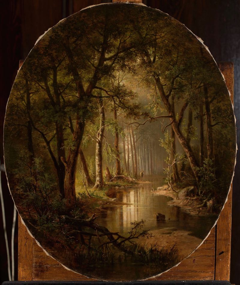 Riacho na floresta de Franciszek Ruśkiewicz, óleo sobre tela que retrata uma paisagem florestal serena.