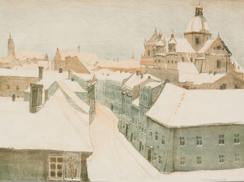 View of Krakow from Wawel by Stefan Filipkiewicz, Impressionism, depicting a vibrant cityscape.